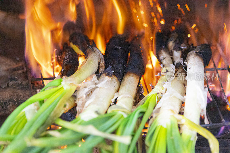 long onions being roasted in chimney,  Catalonian tradition - Calçots